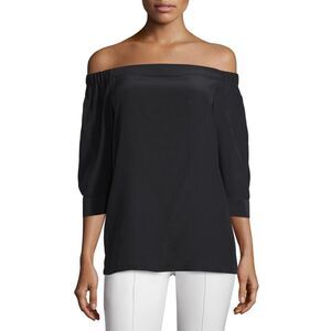 Theory Silk Off-Shoulder Joscla Blouse Top Sz S‎ Puff Sleeve Black Chiffon